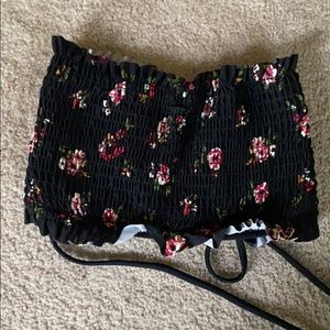 Floral strapless bikini top. Strings tie in back.